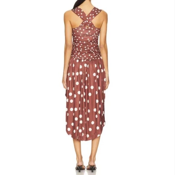 Free People Raylon In Chocolate Combo Polka Dot Midi Dress size L - Picture 2 of 9